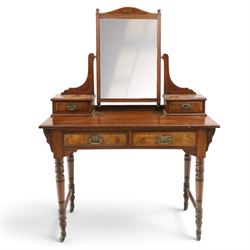 Late Victorian figured walnut and mahogany dressing table, raised swing-mirror back over t...