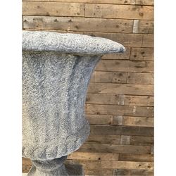 Large Georgian design cast stone garden centre-piece urn, egg and dart border, tapering column on square base, raised on square column