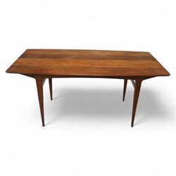 John Herbert for A. Younger  - Mid-century afrormosia teak Volnay dining table, of rectangular form with chamfered edges raised on tapering legs united by rounded stretchers, together with four afrormosia Volnay dining chairs with a gently curved top rail over triple splat open back on square tapering legs united by stretchers reupholstered in cream vinyl, chairs W50xD42xH88cm