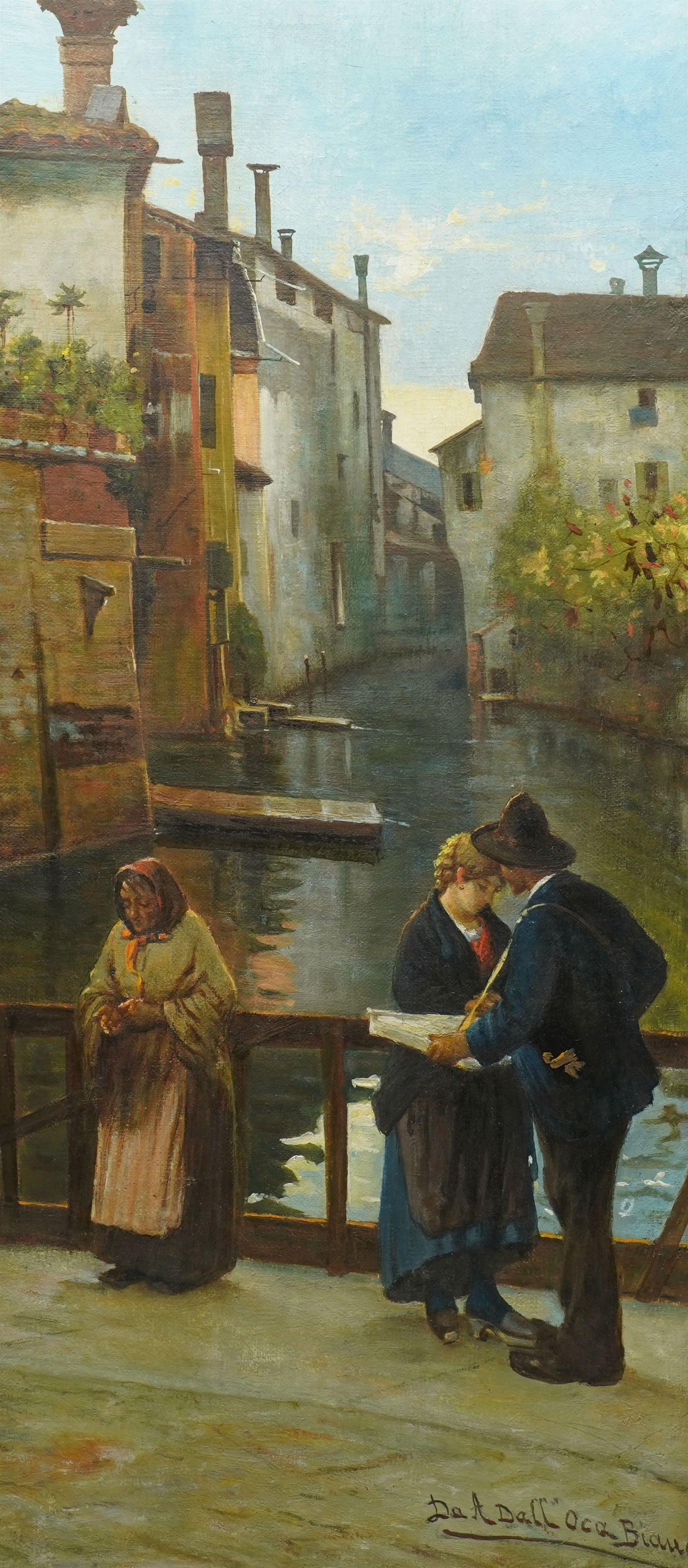 After Angelo Dall’Oca Bianca (Italian 1858-1942): Figures on a Street in Venice, oil on canvas bearing signature 74cm x 32cm