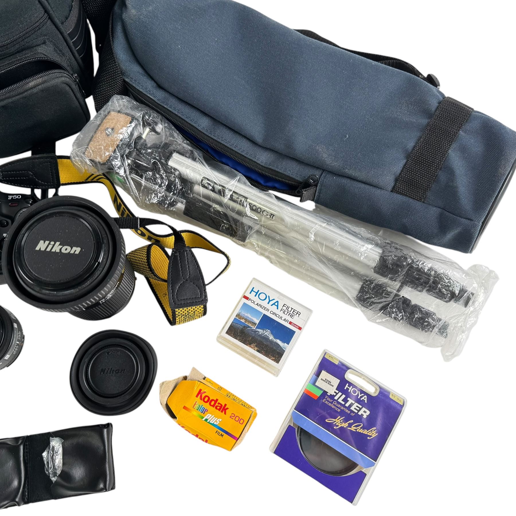 Nikon F50 and  Praktica TL1000 camera bodies, together with lenses and accessories, including Nikkor AF 35-80mm, Nikkor AF 70-210mm, tripod, carry cases, etc
