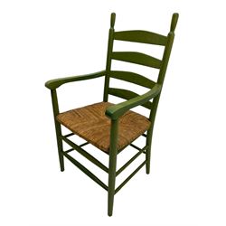 Set of green beech ladder back dining chairs