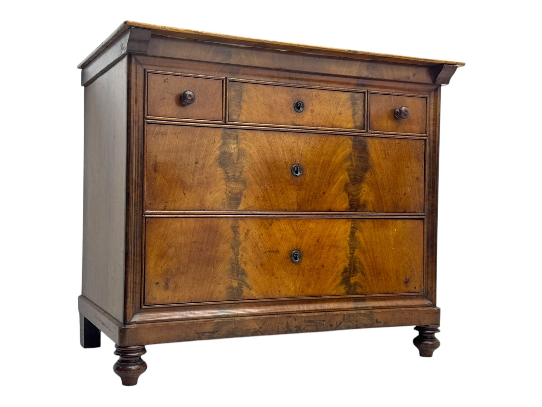19th century French figured mahogany and walnut chest, rectangular top over three short and two long drawers, on turned feet