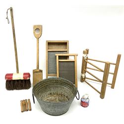 Vintage wooden toys including laundry set of washboards, clothes horse and tin wash-tub; scratch-built vehicles; building blocks; toy sweeping brush; skittles; spade; 'Titanic' deck chair; bee hive etc