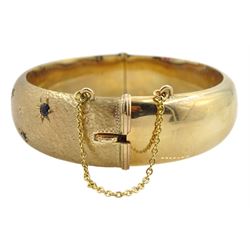 9ct textured and polished gold bangle, set with sapphires by Cropp & Farr Ltd, Birmingham 1967