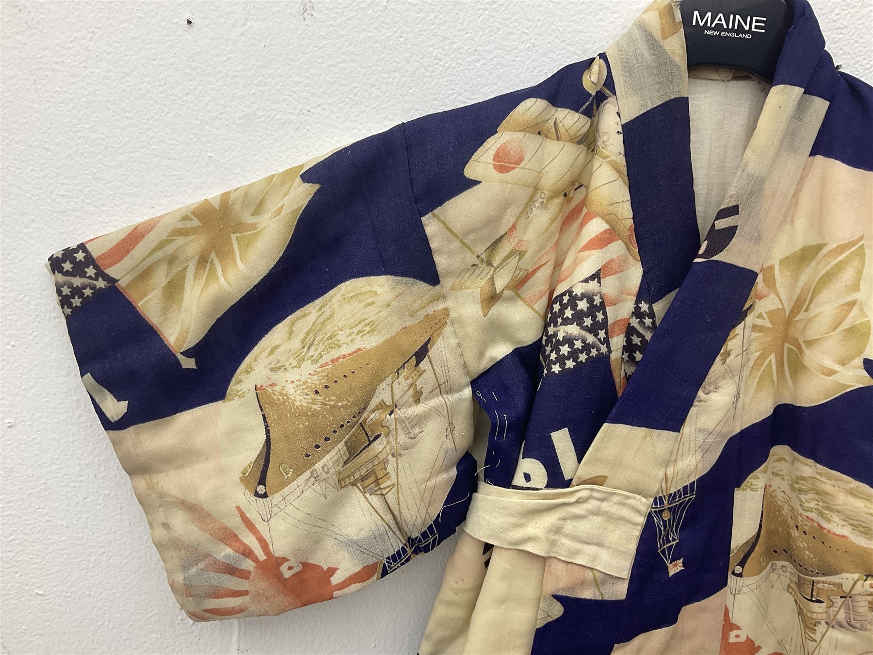 1930s Japanese fully lined kimono decorated with Japanese naval vessels and bi-planes, Japanese, American and British flags and dated 1935; looks to be child's size