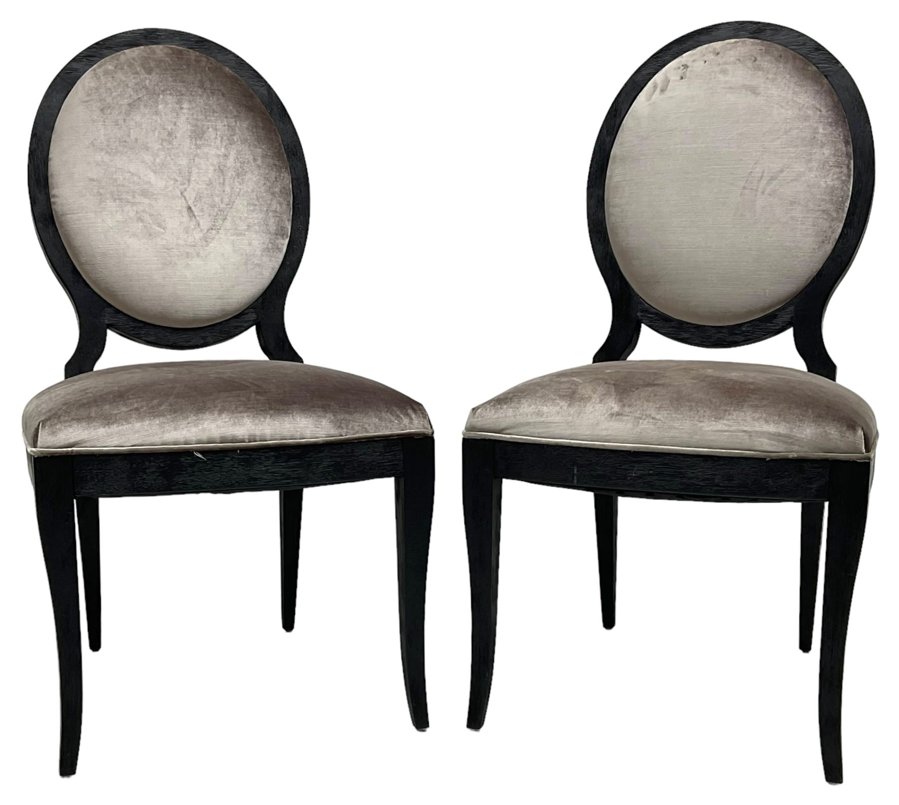 India Jane Interiors - Pair of French design cameo back dining chairs, upholstered in silver velvet fabric ebonised frame, on square tapering supports with splayed feet - ex-display/bankruptcy stock 