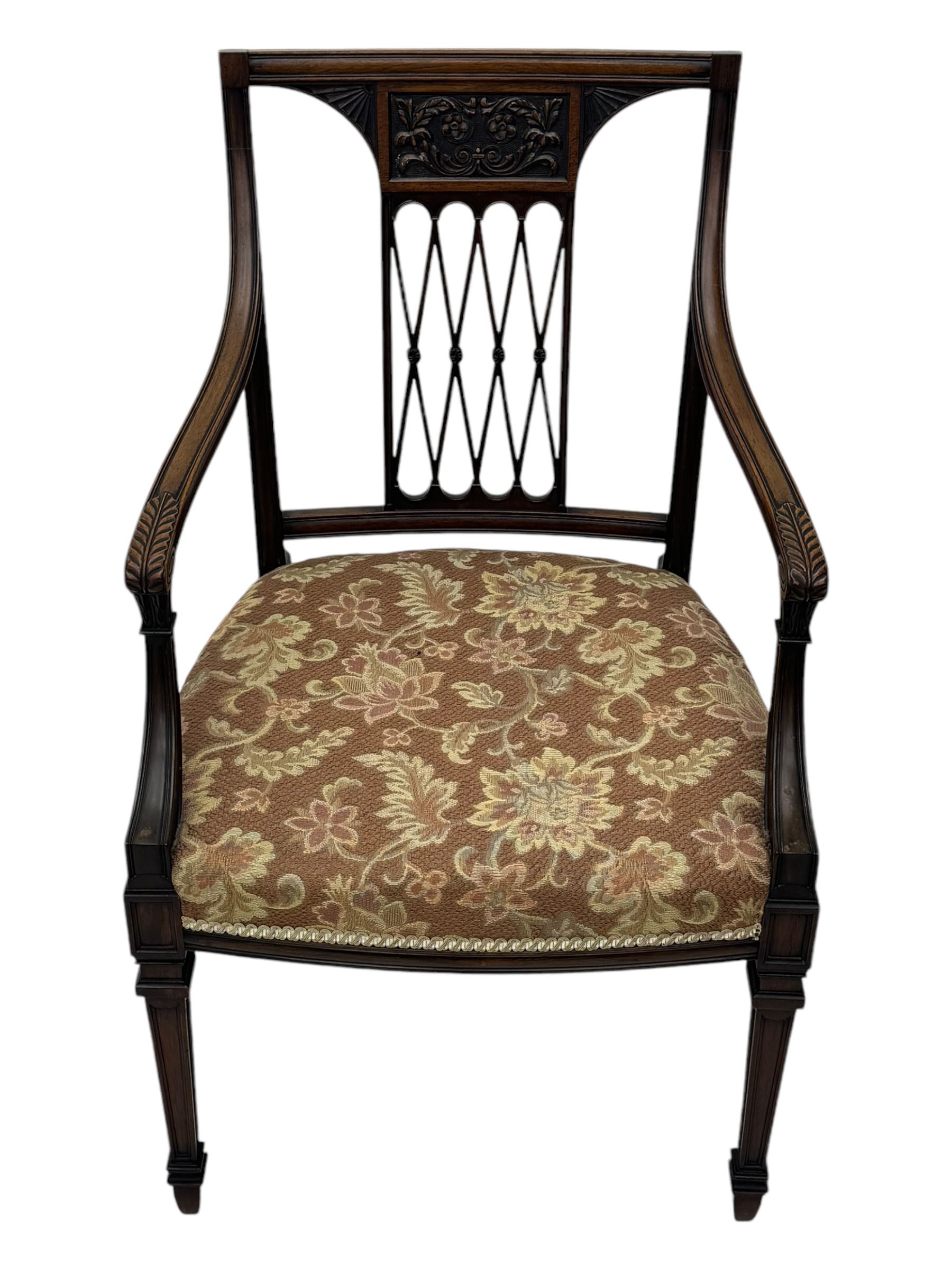 Late 19th century mahogany open armchair, lattice splat back, acanthus carved arm terminals, on square tapering supports with spade feet