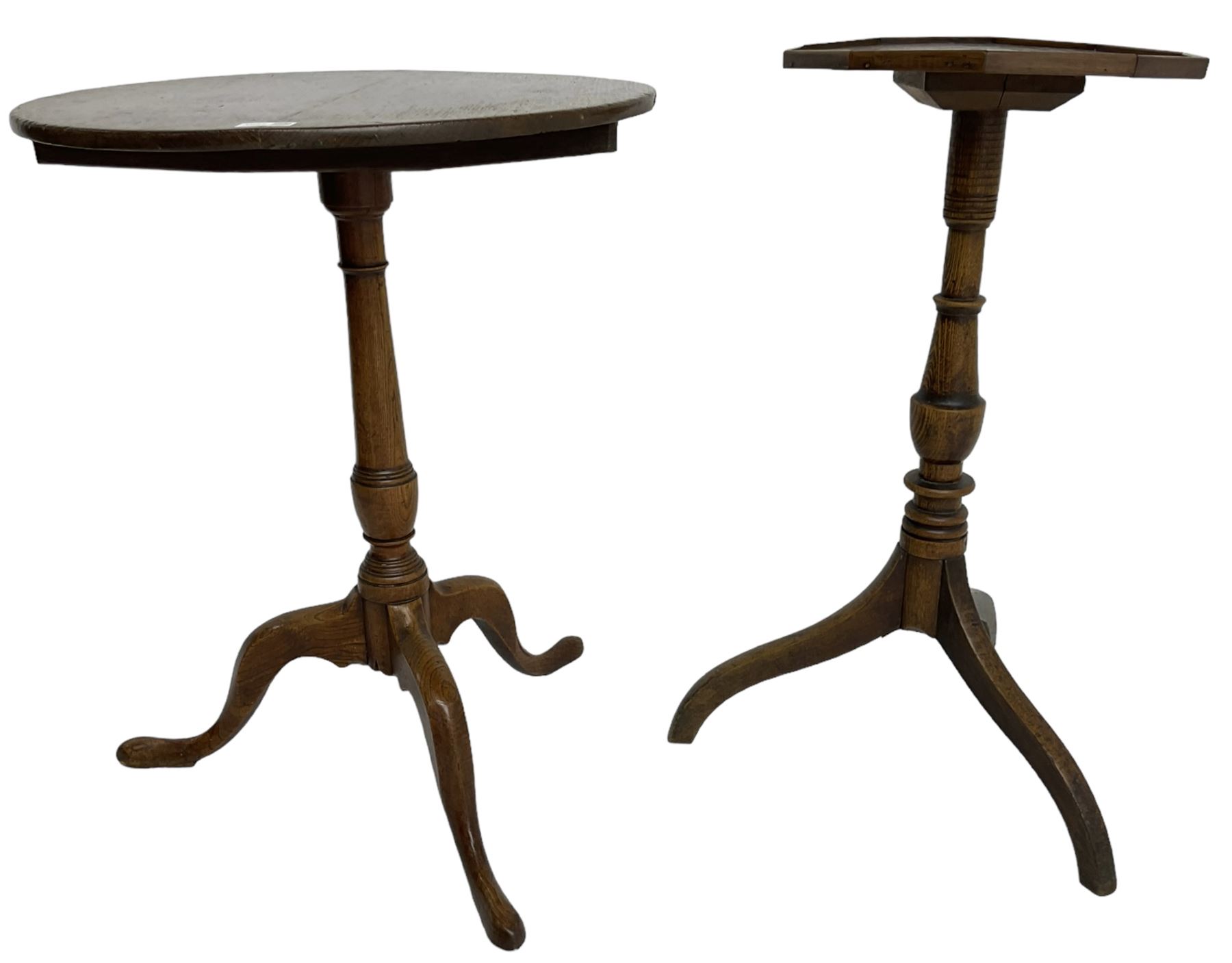 Early 19th century elm and oak tripod table, decagon oak top with raised edge, on turned column with three splayed supports (H74cm); and an early 19th century elm and oak tripod table, circular oak tilt top on turned column with three splayed supports (H70cm) 