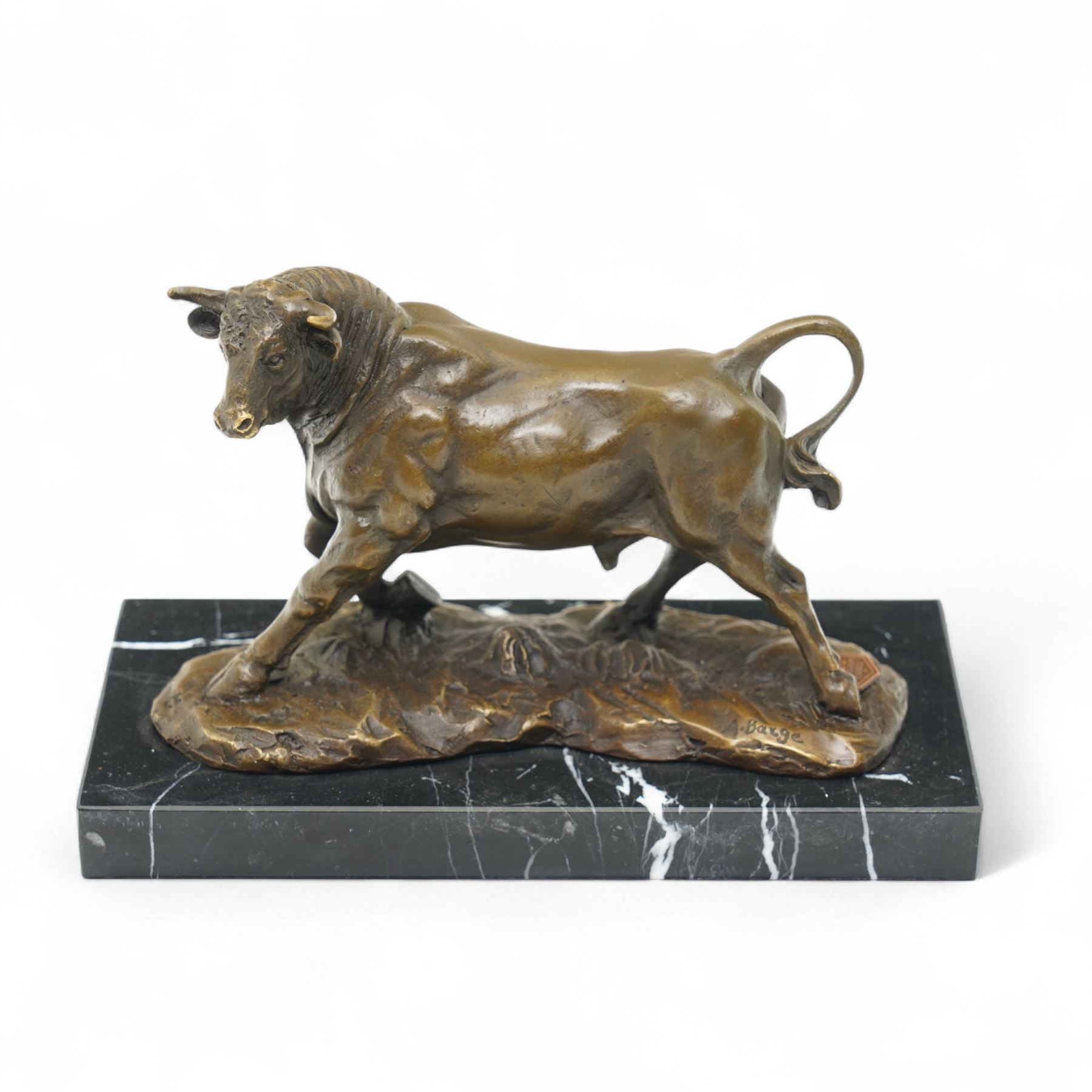 After Antoine Louis Barye - bronze figure of a charging Bull, H13cm 