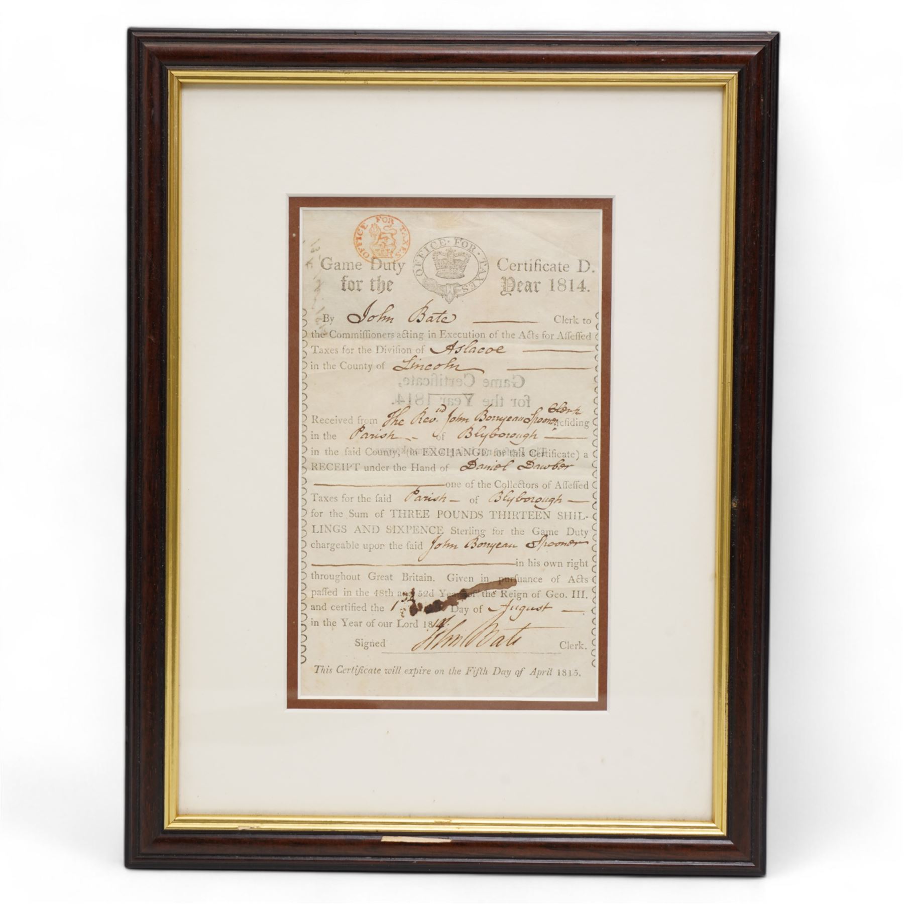 George III Game Duty Certificate issued to the Wapentake of Aslacoe, Lincoln, parish of Blyborough 1814, framed