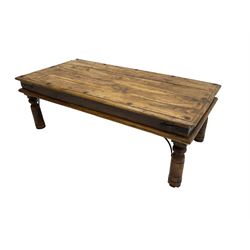 Hardwood coffee table, rectangular top with iron work on turned supports