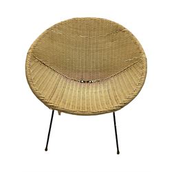 1960s retro basket chair, two wicker armchairs with seat cushions