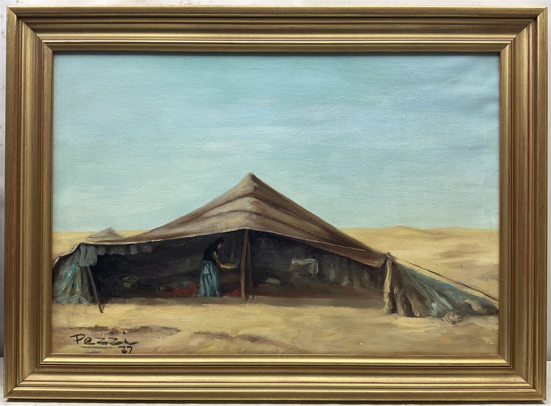 Pezzi (Spanish 20th century): Bedouin Tent, oil on canvas signed and dated '72, 48cm x 71cm