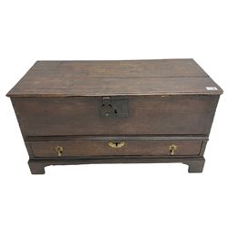 18th century and later oak mule chest, rectangular hinged top wrought iron lock and fittings, fitted with single drawer to base, lower moulded edge over bracket feet