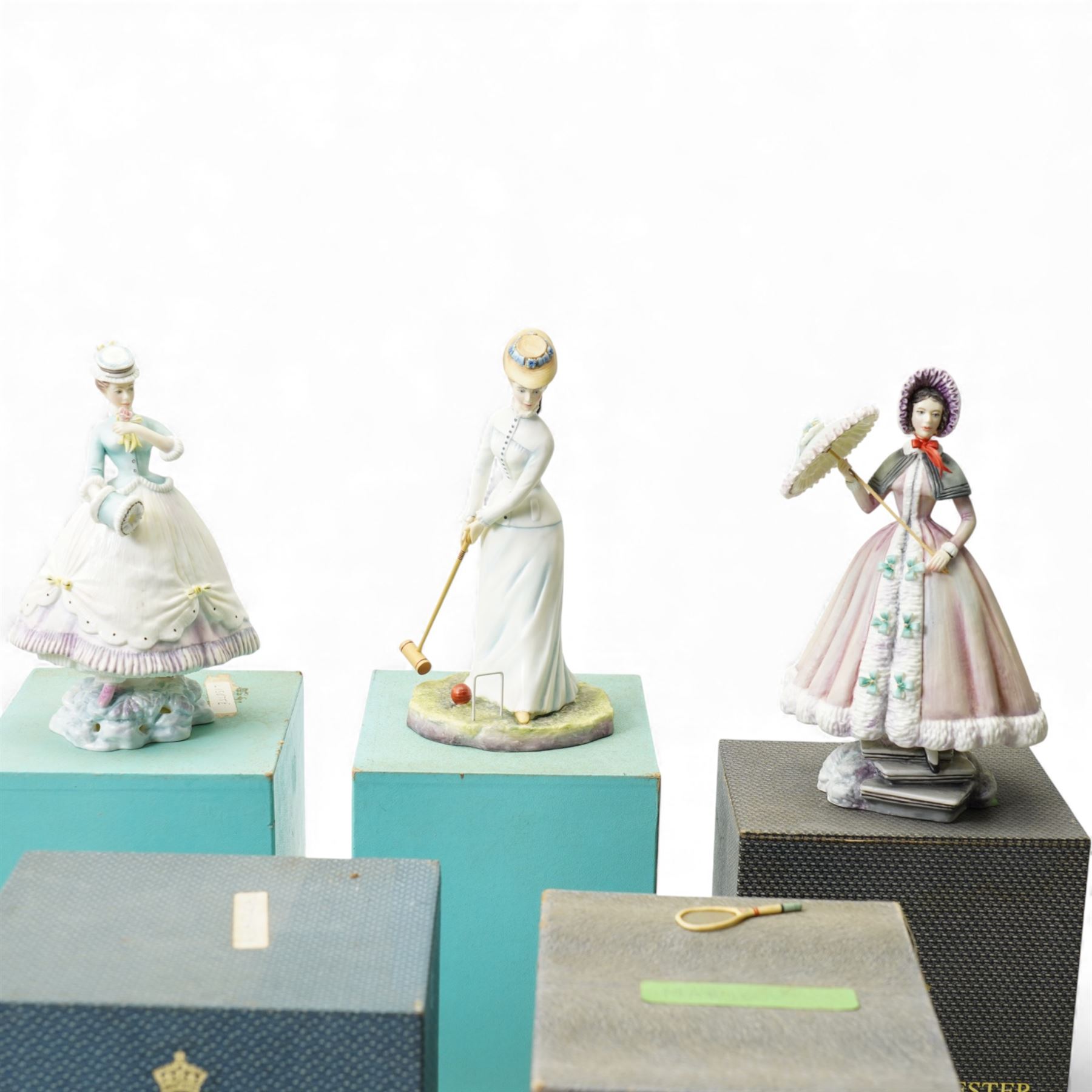 Collection of twenty Royal Worcester 'Victorian Series' figures modelled by Ronald and Ruth Esther Van Ruyckevelt including Tea Party, Picnic, Charlotte and Jane, Alice and others, mostly boxed and with certificates (20)
