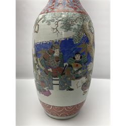 19th century Chinese floor vase of baluster form, hand painted with warriors and the emperor, the neck decorated with floral patterns and panels with landscapes, H64cm