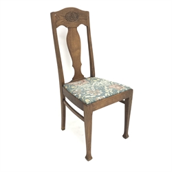 Arts & Crafts oak chair, carved cresting rail, shaped splat, upholstered seat, tapering supports, W44cm