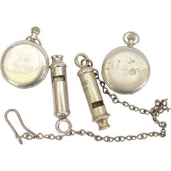 WWII, two stopwatches, the first marked A.M. 6B/221 15379/43 to reverse, the other T.P. 1/10 Sec, together with military whistle marked C.W.S 1941 with broad arrow and J. Hudson & Co whistle 1939 