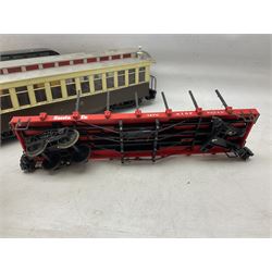 Six Bachmann G scale, gauge 1 rolling stock wagons and carriages, including tram coach, log carrier and tanker, etc, all unboxed 