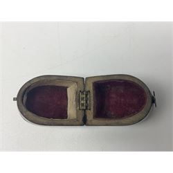 19th century lacquer thimble case with painted portrait of a woman to the hinged lid, together with two mother of pearl egg shaped thimble cases and one other