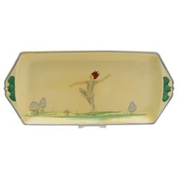 Susie Cooper Puck pattern twin-handled tray and four serving plates, decorated with a dancing figure and toadstools, tray L32cm plates D13cm