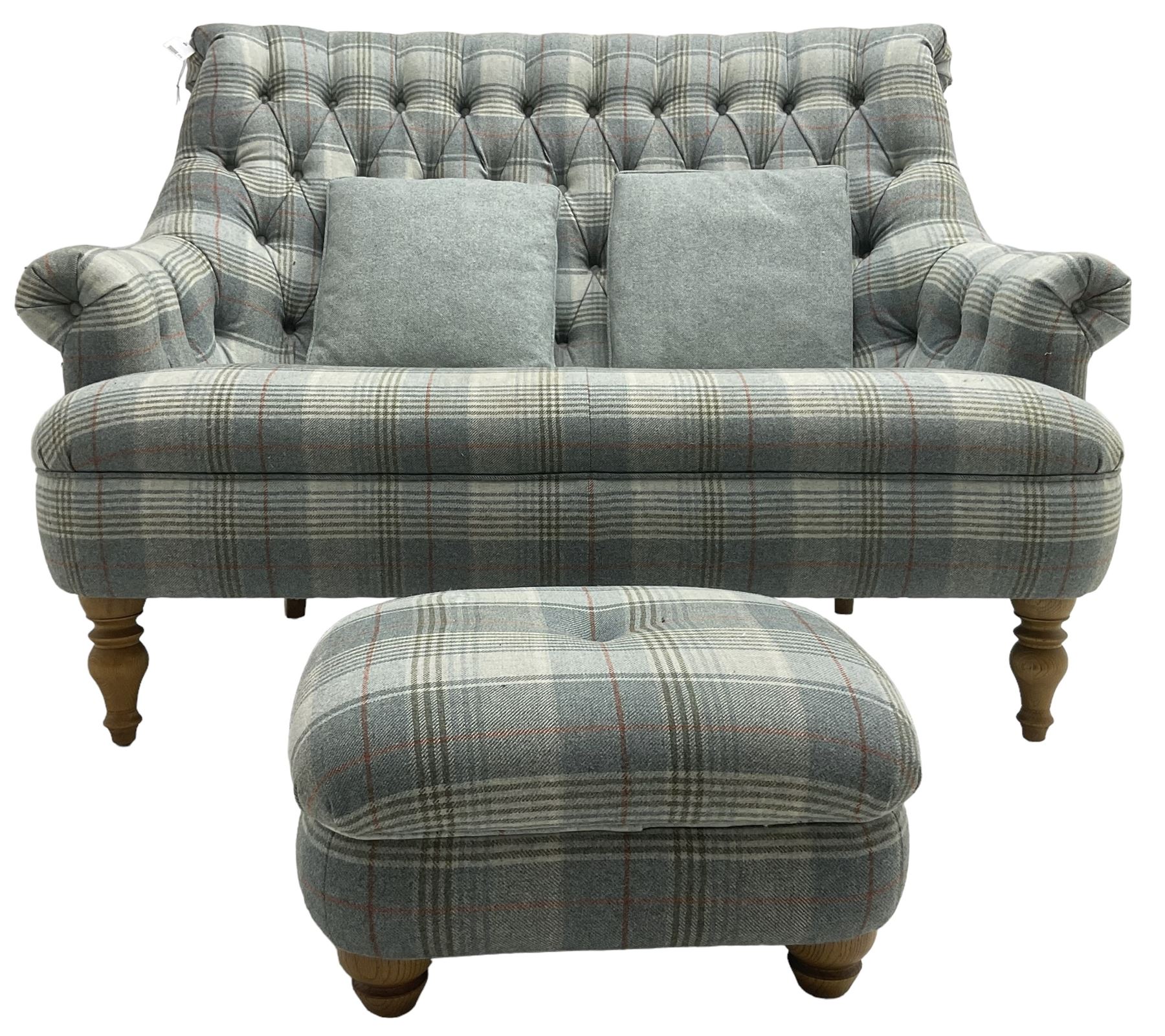 Wood Bros Furniture - 'Pickering Compact Two Seater Sofa', high rolled back, upholstered in buttoned 'Abraham Moon Huntingtower Celestial Fabric' in blue tartan, raised on turned oak feet, with matching footstool