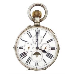 Early 20th century nickle cased goliath moonphase lever pocket watch, white enamel dial wi...