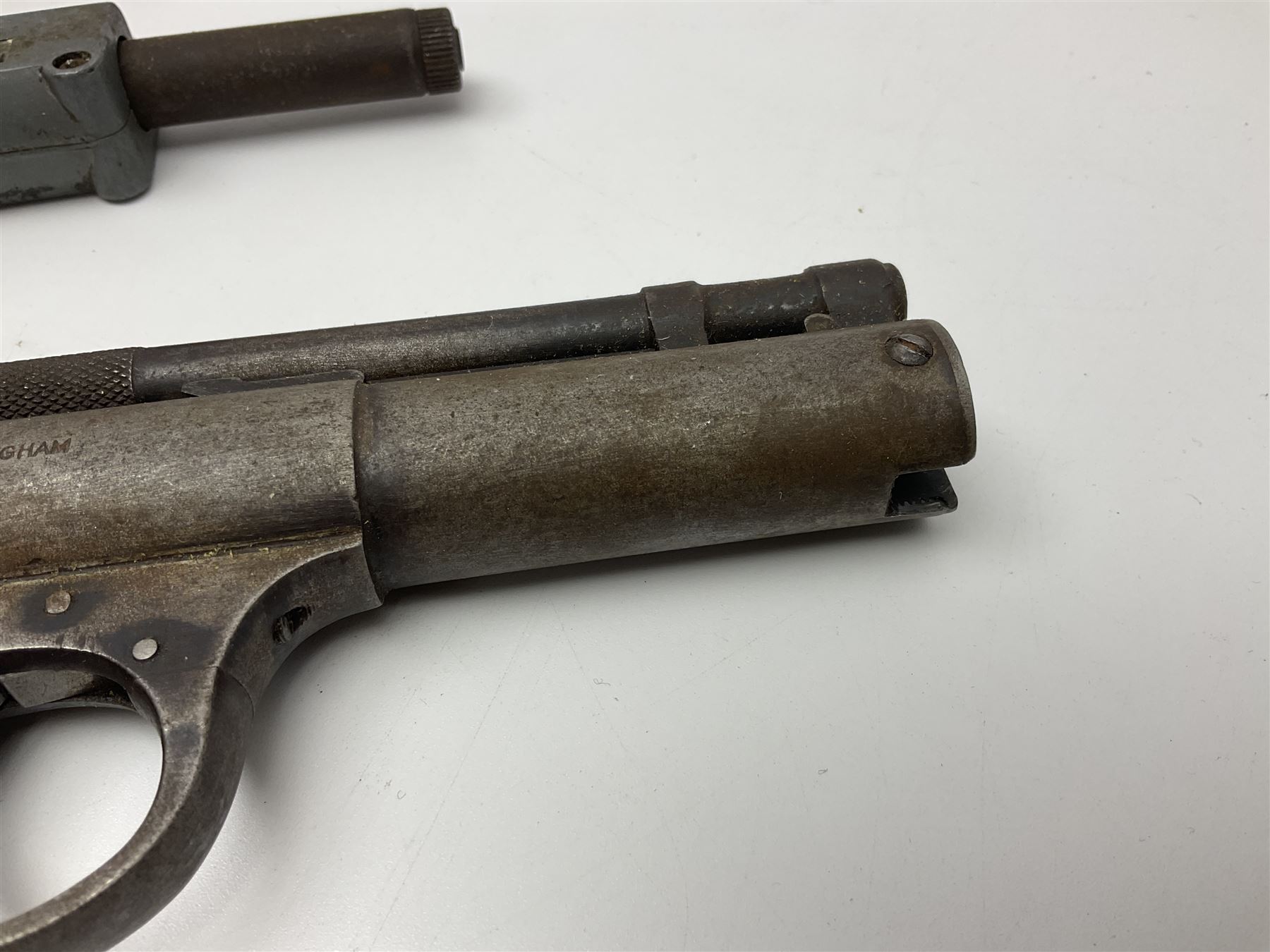 Webley & Scott Premier .177 over lever air pistol, no.2360, with chequered bakelite grip L24cm overall; Diana SP50 .177 plunge barrel air pistol; and T.J. Harrington & Son 'The Gat' .177 plunge barrel air pistol; NB: AGE RESTRICTIONS APPLY TO THE PURCHASE OF THIS LOT (3)