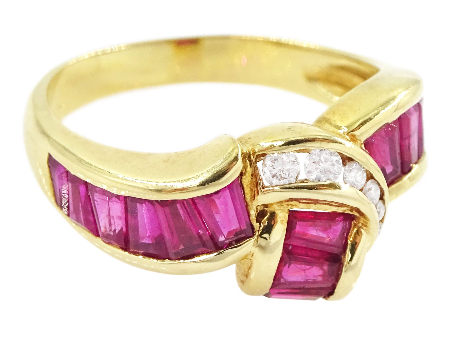18ct gold ruby and diamond crossover ring, channel set with fifteen calibre cut rubies and seven graduated brilliant cut diamonds