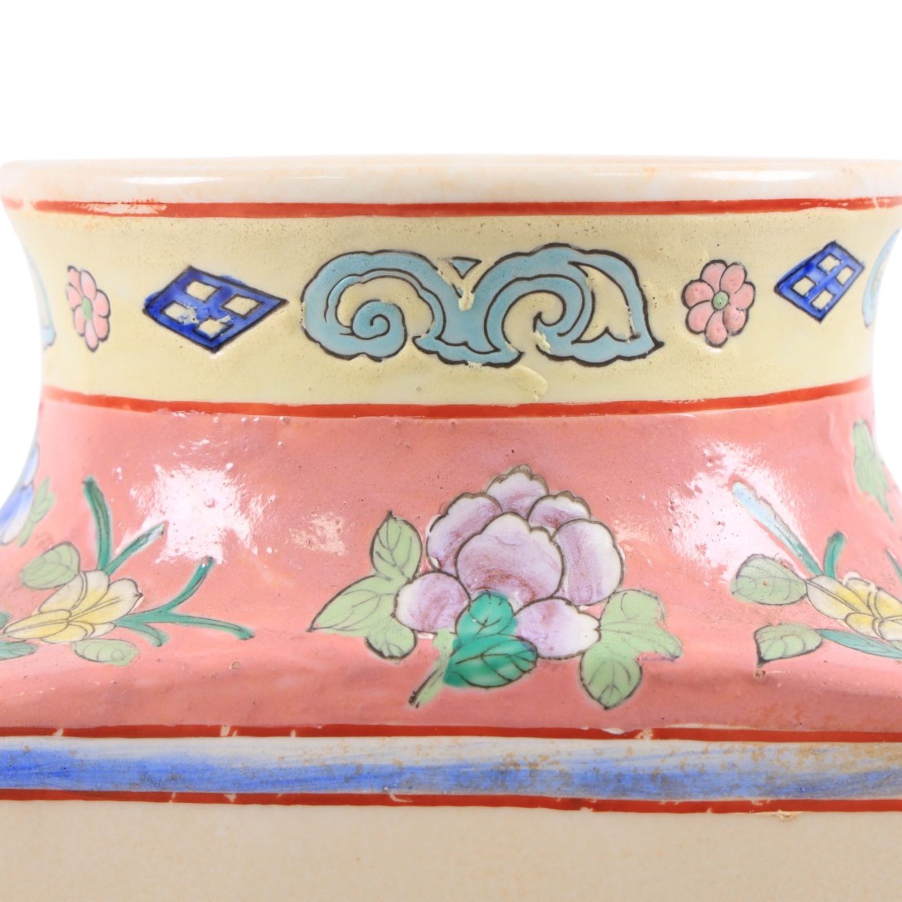 Famille Rose vase decorated with panels of figures in a garden, H37cm