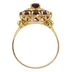 9ct gold garnet filigree cluster ring, stamped 375