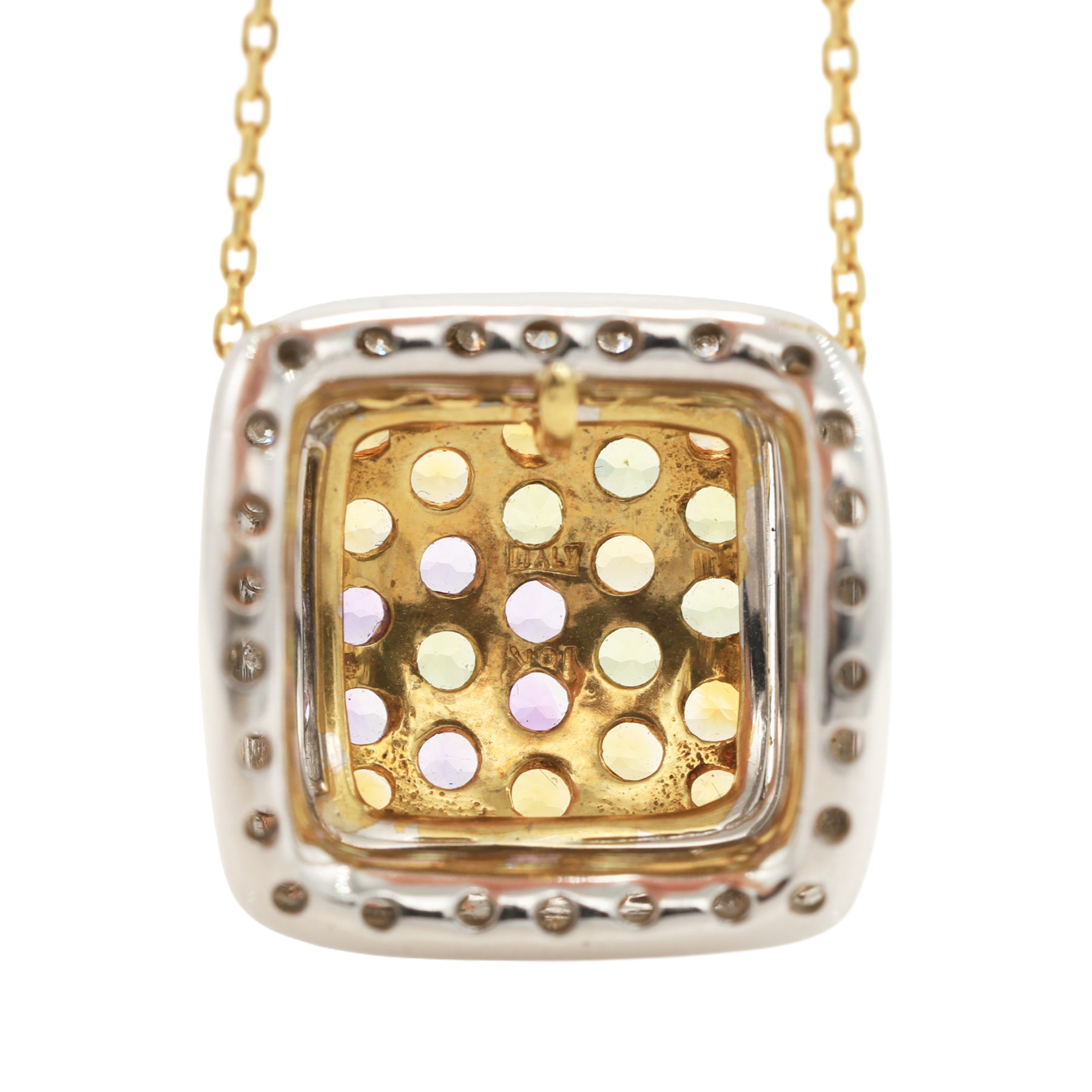 18ct gold multi gemstone set flower pendant necklace, white gold pendant pave set with citrine's, peridot's and amethyst's, surrounded by white sapphire's, on a yellow gold trace link chain necklace, both stamped