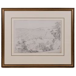 Mary Weatherill (British 1834-1913): 'Rievaulx Abbey from the Terraces', pencil sketch signed with initials, titled and dated 1850, 25cm x 36cm 