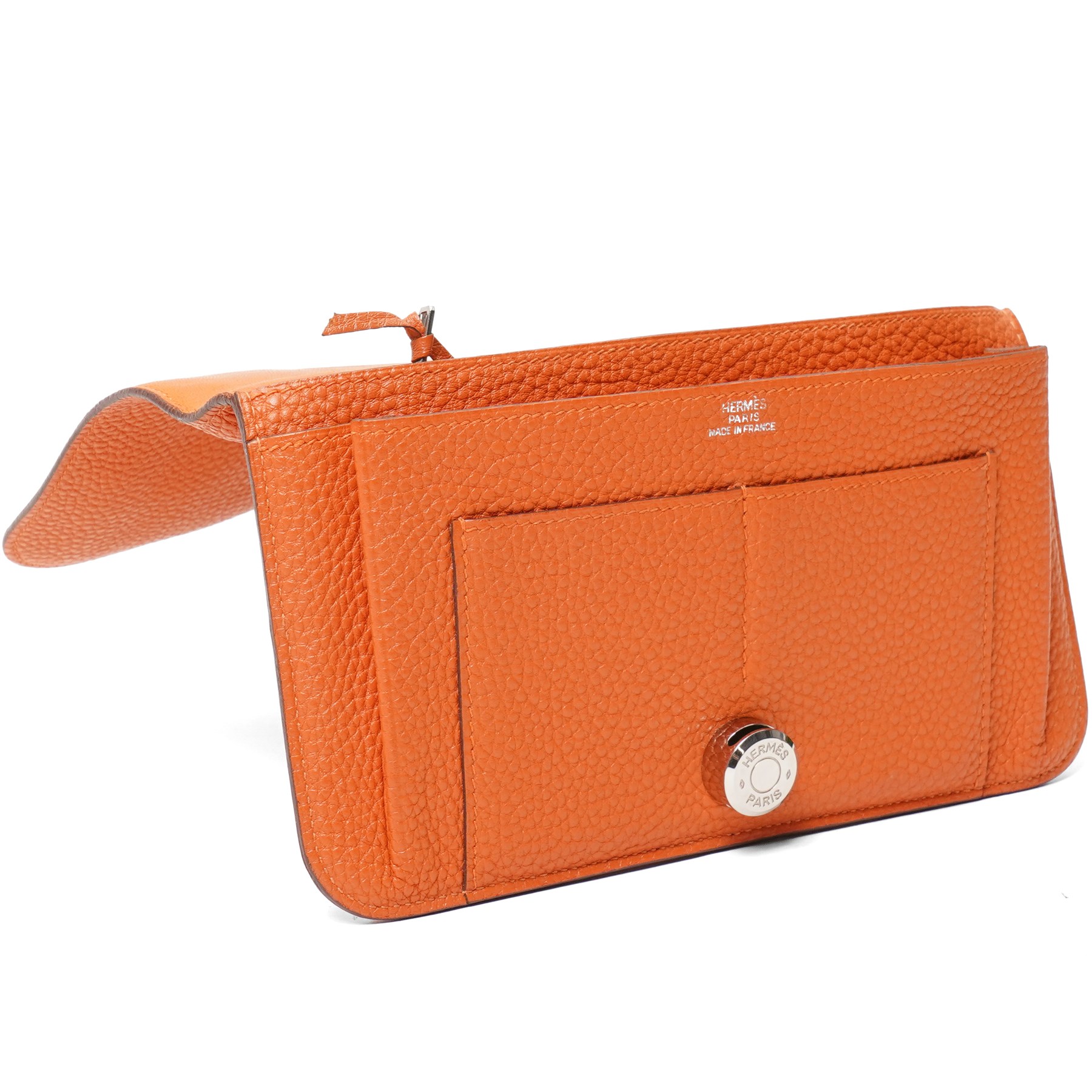 Hermès - Dogon Duo wallet, orange Togo leather, with palladium-plated Clou de Selle fastening, detachable zipped coin purse and fitted interior, stamped 10N H, with original box