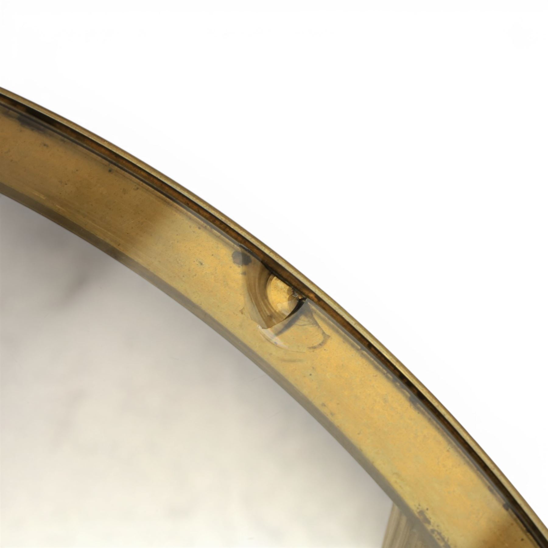 Regency style brass and glass circular table, smoked glass top mounted to a brass frame with fluted supports united by stretchers