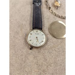 9ct gold watch back case, ladies 9ct gold manual wind wristwatch on 9ct gold strap and a 9ct gold cased wristwatch on leather strap