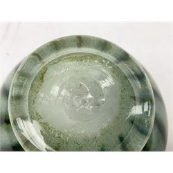 Daum Nancy green glass dish with bubble inclusions and waved rim, signed, D17cm, together with a blue and greeen Sanders & Wallace footed glass vase, signed, H9cm and another art glass vase