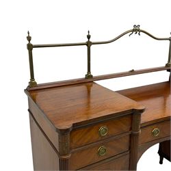 Regency mahogany twin pedestal sideboard, raised brass rail over central serpentine rectangular section with ebony stringing, fitted with single drawer, each pedestal fitted with two drawers over cupboard doors, one side enclosing cellarette drawer, the other sliding trays, flanked by canted reeded pilasters, on turned feet