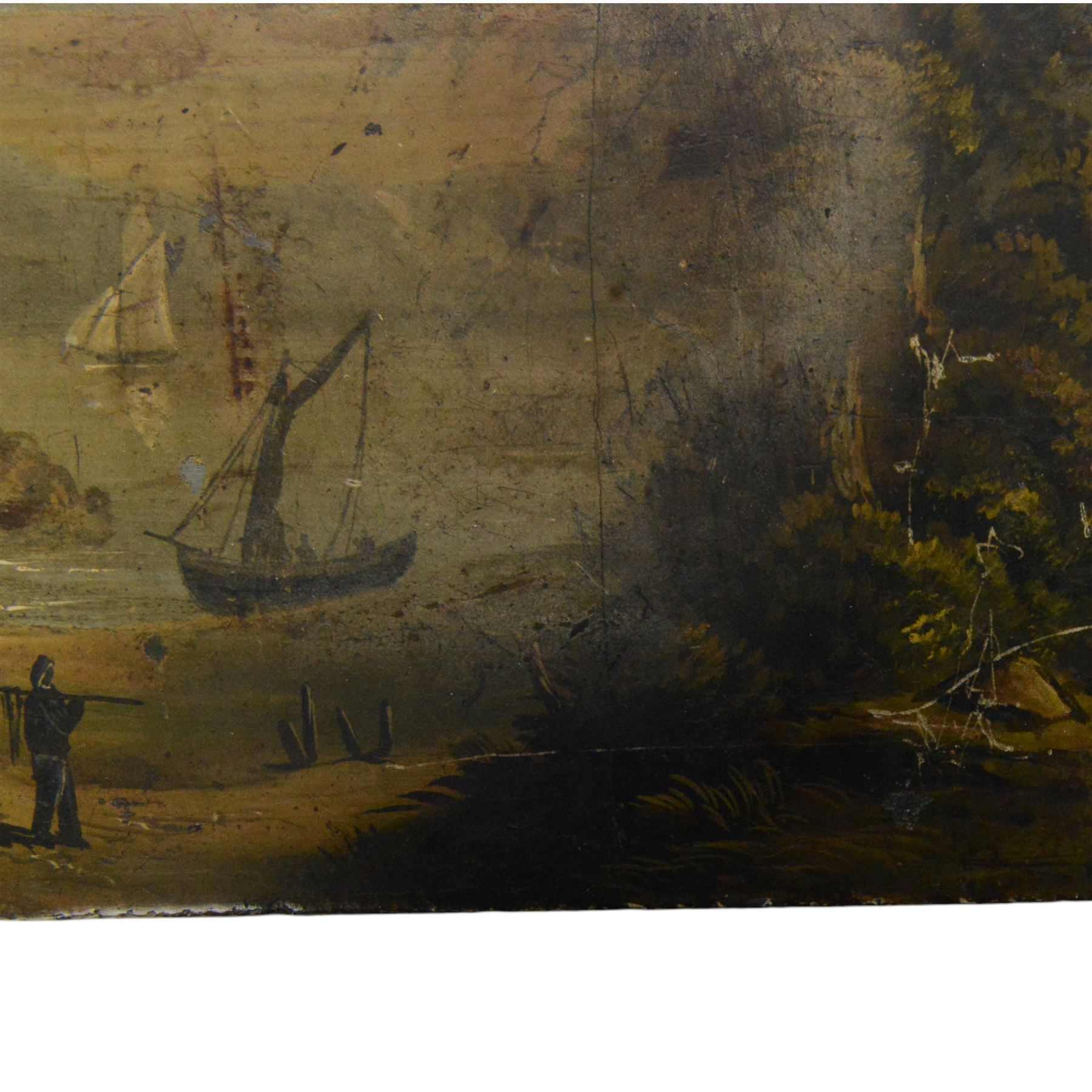 Italian School (late 19th century): Italianate landscape with boats and figures, oil on slate, 27cm x 37cm