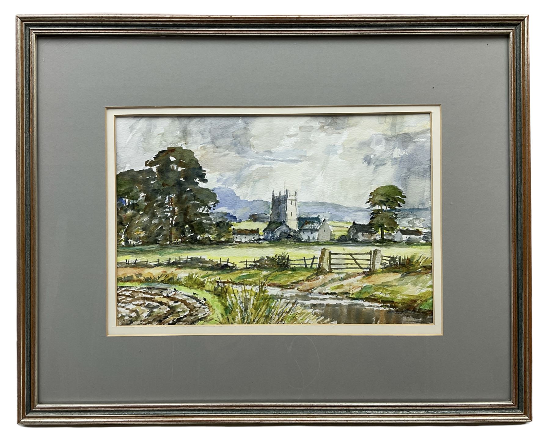 Ken Johnson and Sheila Johnson collection (British 20th century): 'Lincolnshire Landscape - Tetford', watercolour, Moorland and Dales Landscape, pair oils on board signed, The River Esk and Yorkshire Village, two oils on board the latter signed, Ancient Tree with Bluebells and 'Reflection - Northumberland', two watercolours signed (7)