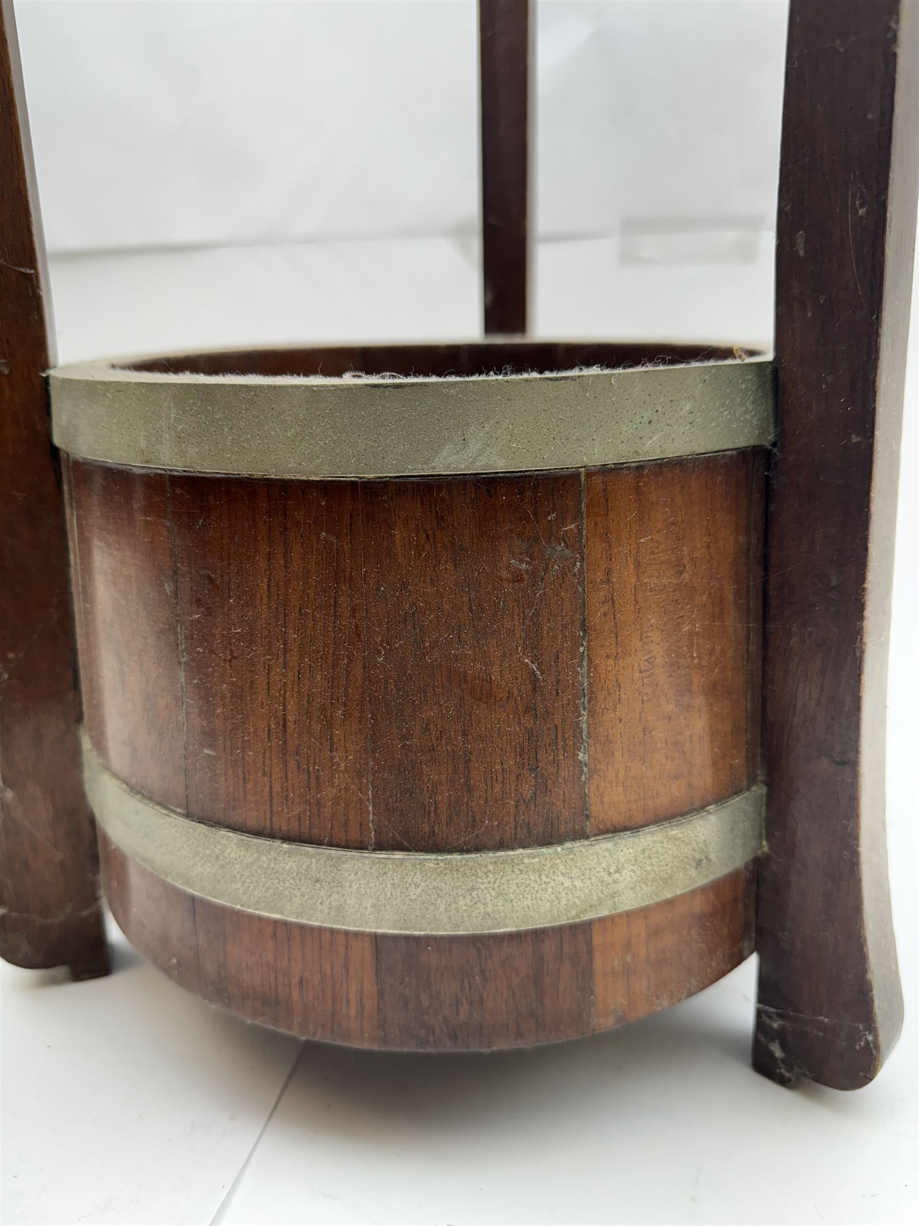 Wooden stick/umbrella stand of circular form with metal drip tray, H75cm