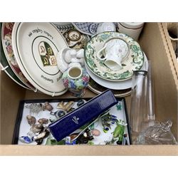 Quantity of various ceramics and glassware to include pair of Disney Mickey and Minnie Mouse cowboy Sherriff figures, stamped Japan beneath, Mason's ironstone, Wedgwood, Portmeirion, tea and dinner wares, collectors plates, glass animals etc in four boxes