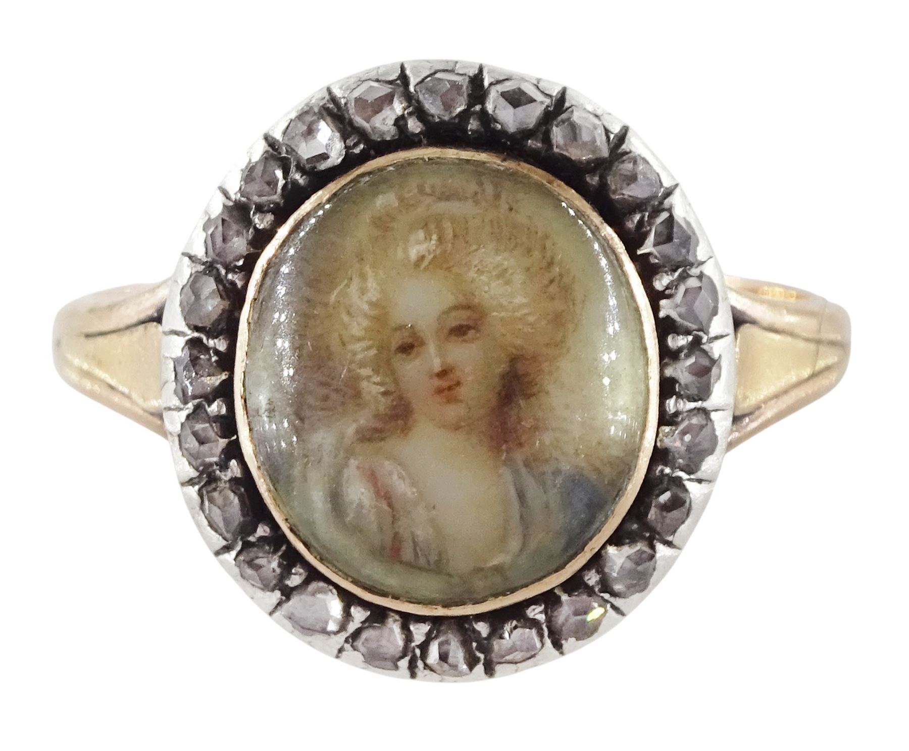 19th century French 18ct gold and silver diamond portrait ring, set with an oval miniature of a woman in 18th century dress on ivory, under a glazed panel, with rose cut diamond surround and trifurcated shoulders, hallmarked. This lot has been registered for sale under Section 10 of the APHA Ivory Act
