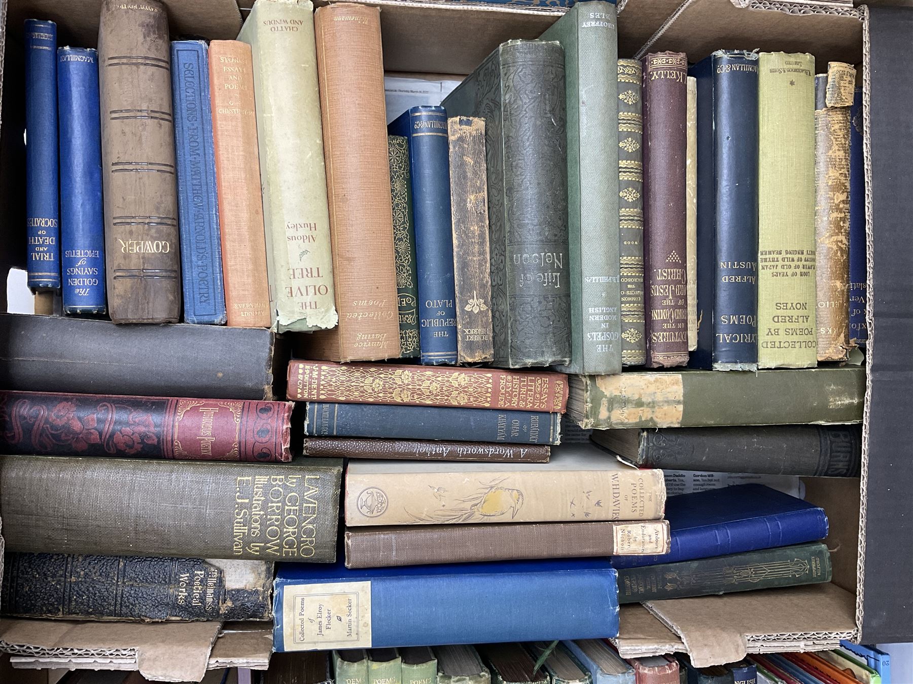 Collection of books to include Readers Digest Great World Atlas, the Macmillan Encyclopedia, poetry books, art reference books etc, in four boxes    