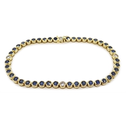  Gold bezel set sapphire and diamond line bracelet, stamped 14K  