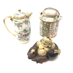  Chinese terracotta brush washer in the form of Hotei, L18cm, Cantonese Famille Rose canister and cover and Noritake coffee pot with traditional Japanese decoration (3)  