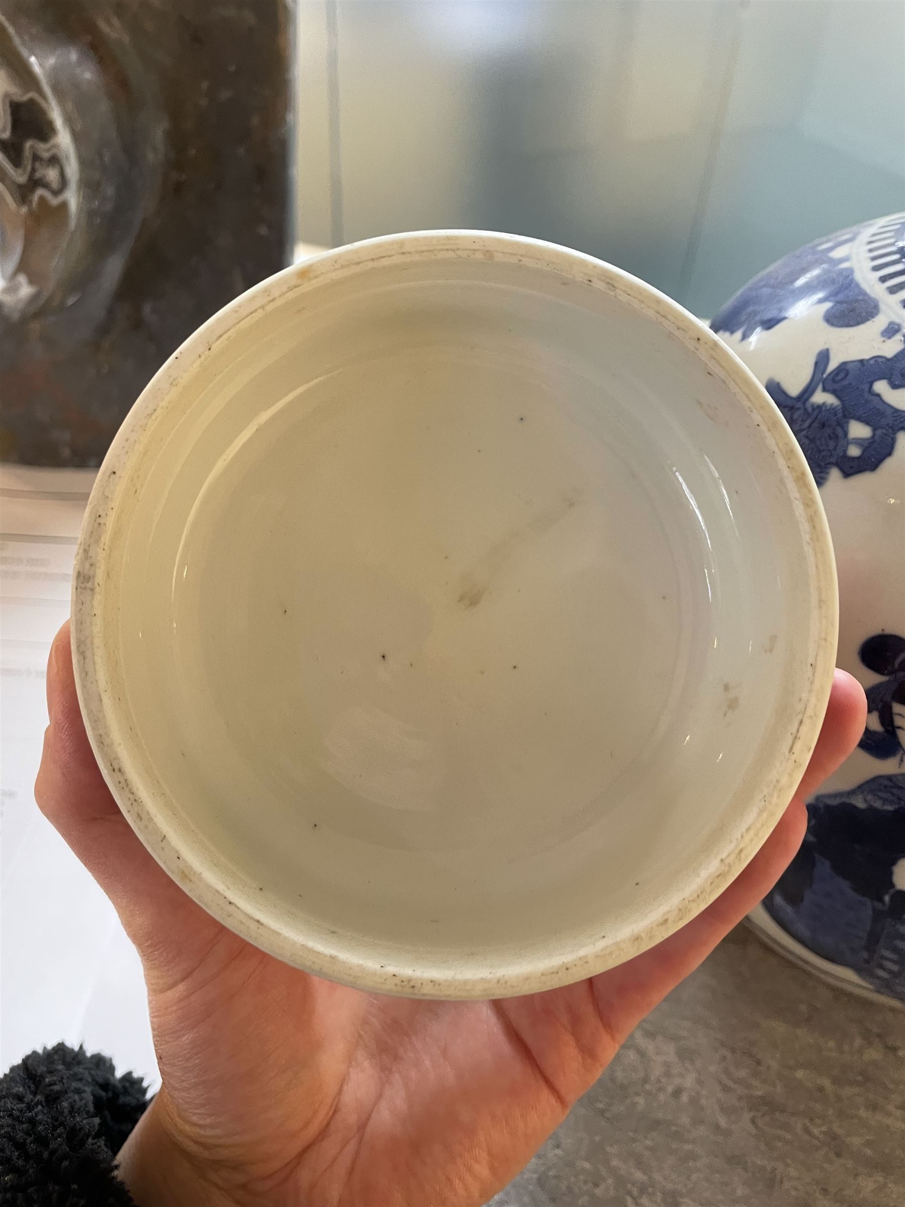 Late 19th century Chinese blue and white ginger jar, of ovoid form with flat topped circular cover, the body decorated with a geisha on reindeer with attendant in a landscape setting, with apocryphal Kangxi mark beneath, H24cm