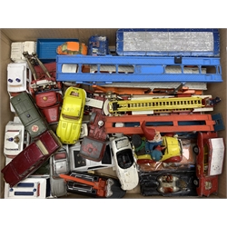 Corgi - twenty-four unboxed and playworn die-cast models including James Bond Aston Martin DB5, Toyota 2000GT and Lotus Esprit, Batboat on trailer and Batmobile, Kojak Buick Regal with figure, Monkeemobile, Noddy Car, Major and Juniors commercial vehicles, emergency and military models etc