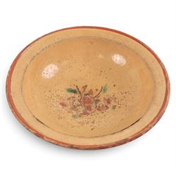 Spanish twin handled cooking pot, blackened to the outside, together with two bowls with slipware glaze, pot H22cm 